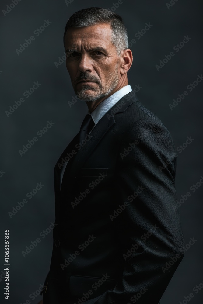 Senior Executive Portrait in Formal Business Suit Against Dark Background Senior Executive Portrait in Formal Business Suit Against Dark Background