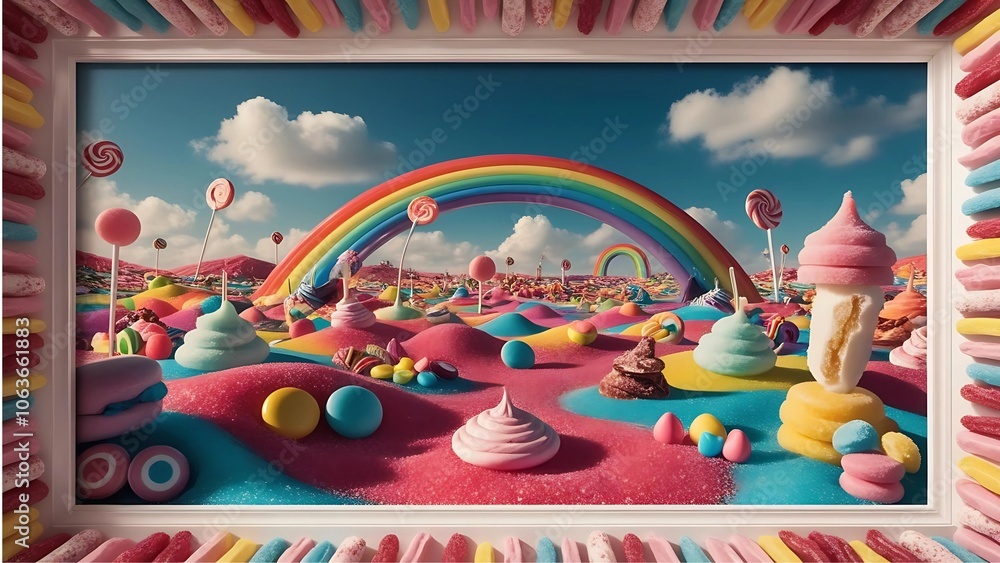 A vibrant and whimsical render of a sugary candy land landscape, candy, sweets, rainbow, fantasy, colors, dessert, sugar, fantasy A vibrant and whimsical render of a sugary candy land landscape, candy, sweets, rainbow, fantasy, colors, dessert, sugar, fantasy