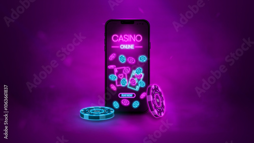 Casino online banner. Mobile with neon poker chips and glowing playing cards  on the pink background.