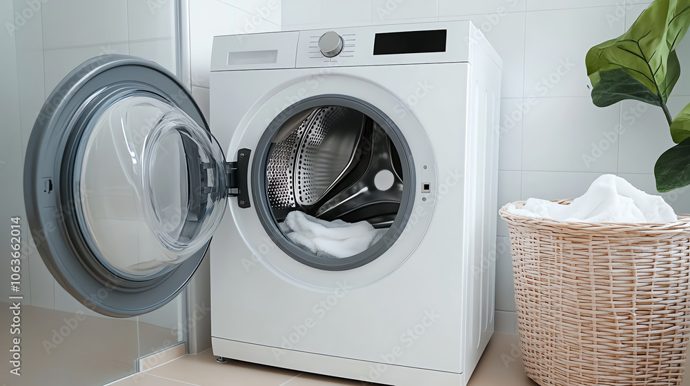 Open Front-Loading Washing Machine with Laundry Basket in Modern Bathroom Open Front-Loading Washing Machine with Laundry Basket in Modern Bathroom