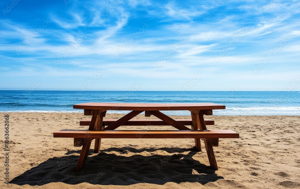 A wooden picnic table on a sandy beach with a serene ocean view under a blue sky. A wooden picnic table on a sandy beach with a serene ocean view under a blue sky.
