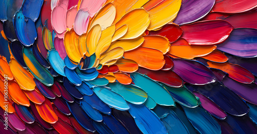 Wallpaper Mural A vibrant abstract painting with bold, textured brushstrokes in a swirl of colors including yellow, blue, orange, pink, and purple, resembling petals or feathers. Torontodigital.ca
