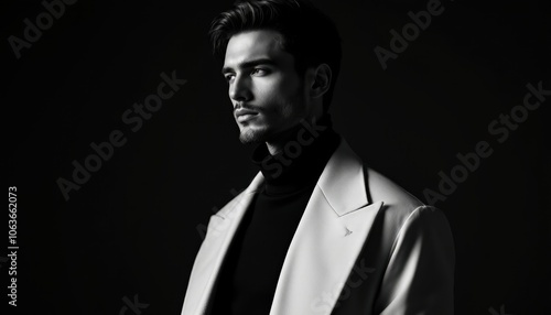 Stylish Man in Turtleneck and Blazer, Black and White Portrait