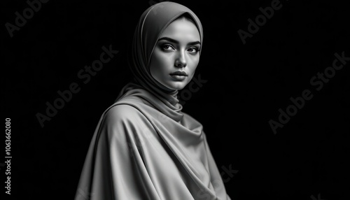 Graceful Woman in Draped Hijab, Black and White Portrait