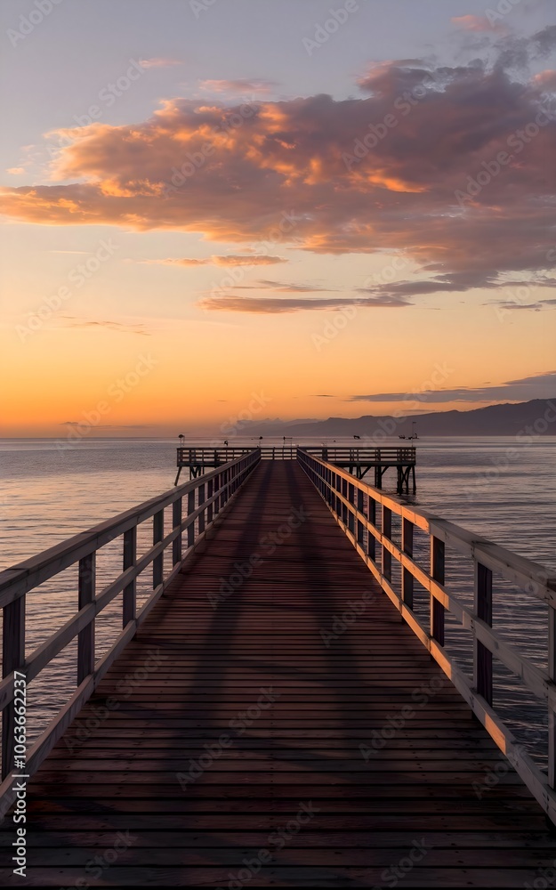 Fototapeta premium Golden Sunset Over Ocean Pier - Tranquil Coastal Scene with Vibrant Reflections