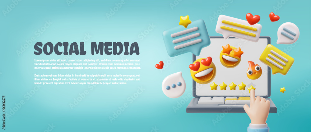 3D illustration of a banner of an open laptop with a hand with speech bubbles and emoji flying out. 3D illustration of a banner of an open laptop with a hand with speech bubbles and emoji flying out.