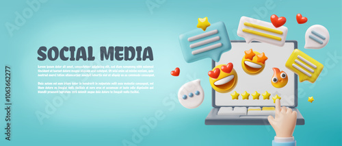 3D illustration of a banner of an open laptop with a hand with speech bubbles and emoji flying out.