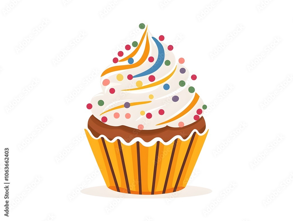 Illustrated Cupcake Icon with Decorative Swirl Frosting and Sprinkles for Desserts and Illustrated Cupcake Icon with Decorative Swirl Frosting and Sprinkles for Desserts and