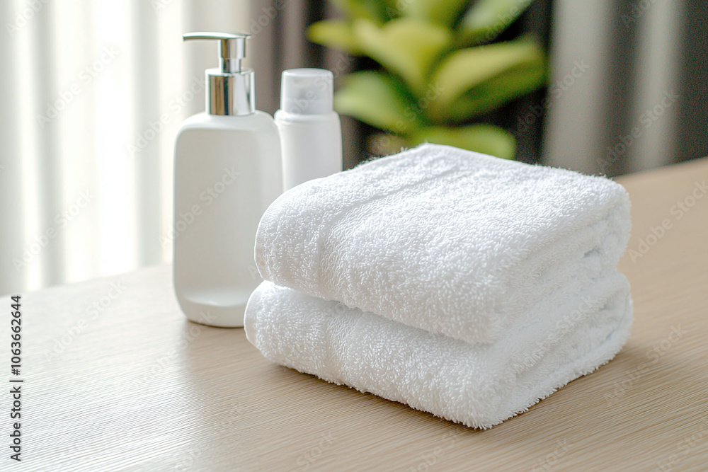 Soft towels stacked beside detergent bottles in warm light ambiance Soft towels stacked beside detergent bottles in warm light ambiance