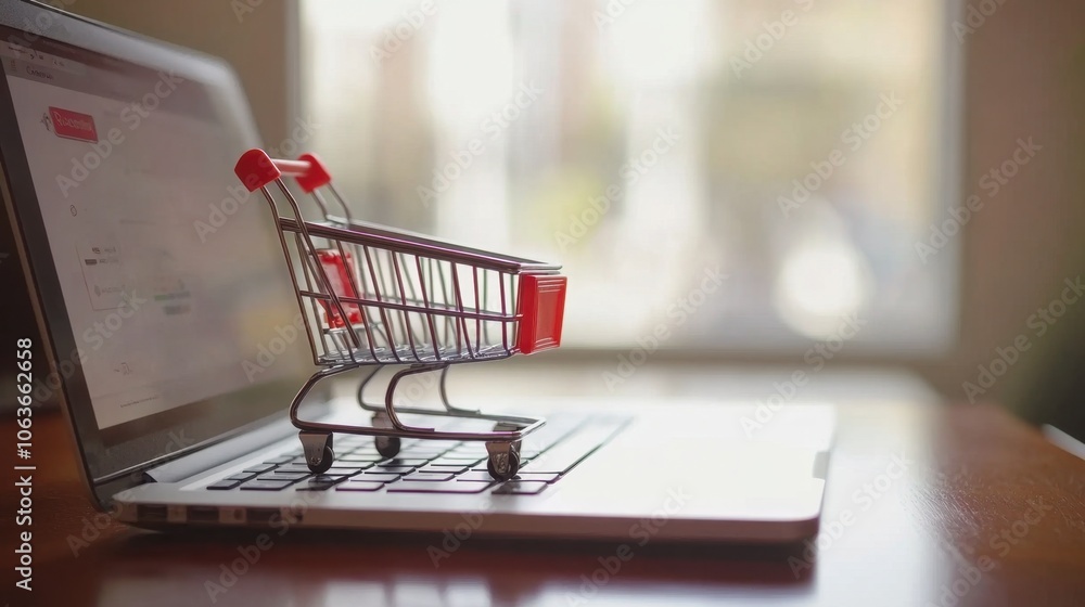 Online Shopping Concept with Mini Cart on Laptop Online Shopping Concept with Mini Cart on Laptop