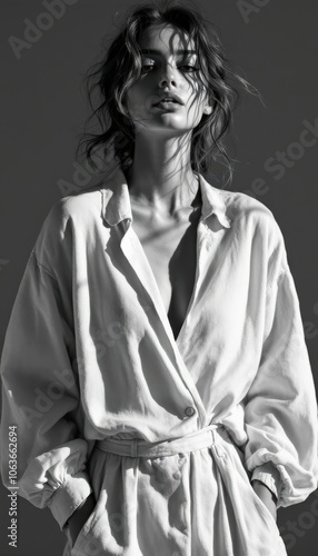Confident Woman in Oversized Shirt, Black and White Fashion Portrait