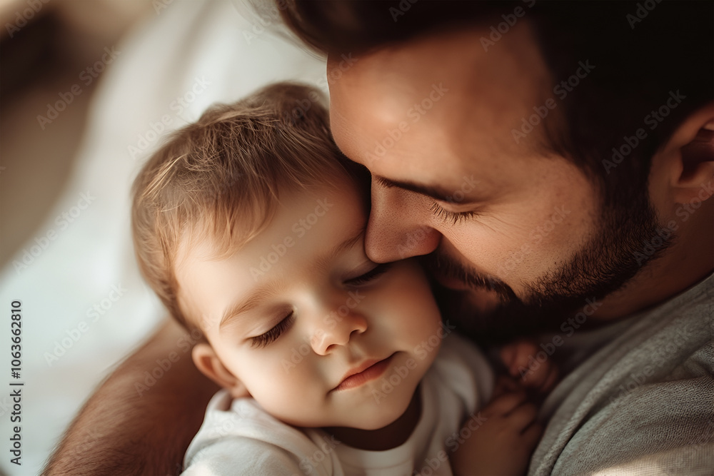 Fatherhood and affection. Adorable father and child. Loving gentle father holding his newborn baby in home interior hugging his infant sons and kissing Fatherhood and affection. Adorable father and child. Loving gentle father holding his newborn baby in home interior hugging his infant sons and kissing