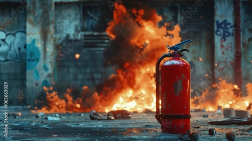 A red fire extinguisher stands amidst the rubble and chaos of a burning urban setting, with an intense fiery explosion erupting in the background against a backdrop of graffiti-covered walls photo