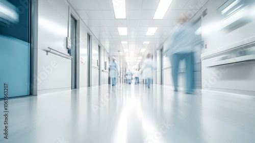 Blurred People Walking Down a Long, White Hospital Corridor