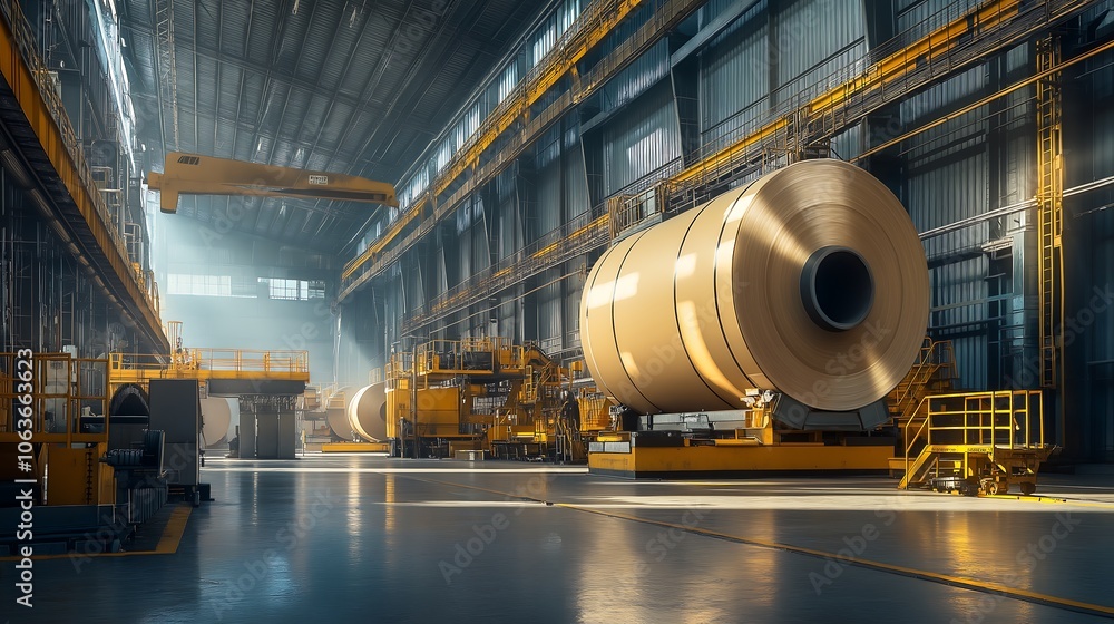 Large rolls of paper being produced in a paper mill, paper production process, industrial manufacturing. Large rolls of paper being produced in a paper mill, paper production process, industrial manufacturing.