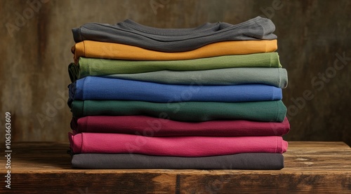 A colorful stack of folded blankets on a rustic wooden surface, showcasing various textures and rich hues against a muted background.