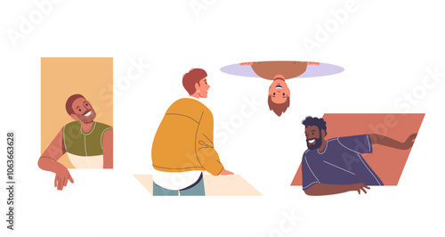 Diverse Characters Engaged In Creative Concept, Each Peeing Through Unique Openings, Evoking A Sense Of Curiosity