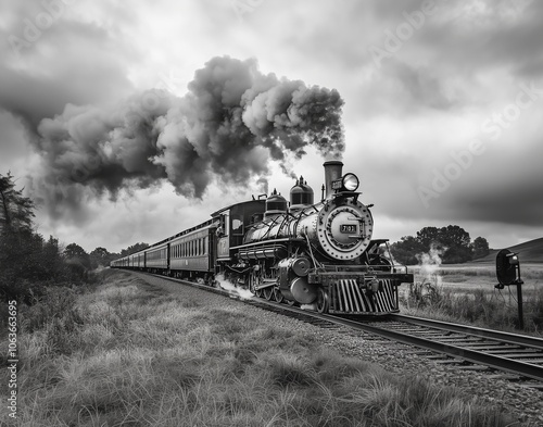 Black and White Photo of a Train Billowing Smoke Traveling Down Rural Train Tracks