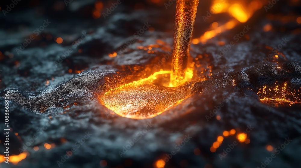 Molten metal being poured into a mold in a foundry, metal casting ...