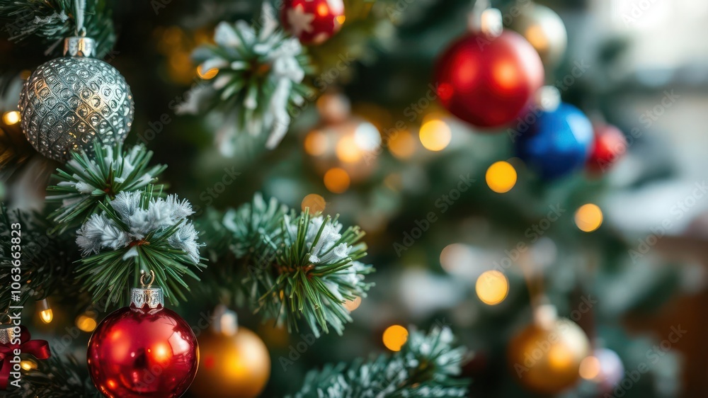 Obraz premium Christmas tree adorned with colorful baubles and shimmering lights against a blurred background, holiday, December, tree