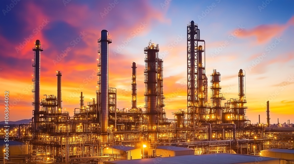 Oil refinery plant at sunset, glowing lights, massive industrial complex. Oil refinery plant at sunset, glowing lights, massive industrial complex.