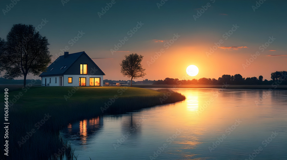 Modern House by River at Sunset - Realistic Image Modern House by River at Sunset - Realistic Image