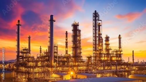 Oil refinery plant at sunset, glowing lights, massive industrial complex.