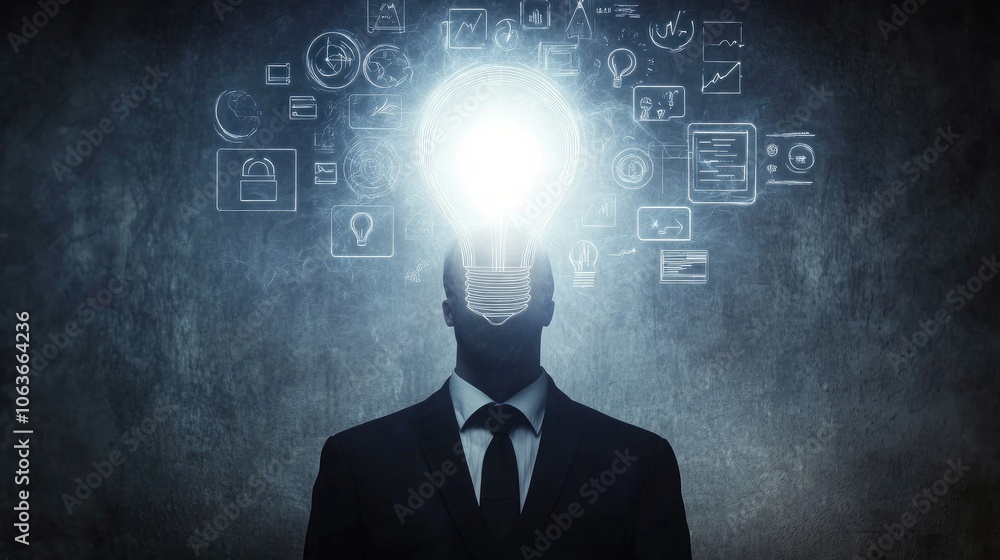 Businessperson with a bright light bulb above, surrounded by digital and technological symbols icons Businessperson with a bright light bulb above, surrounded by digital and technological symbols icons