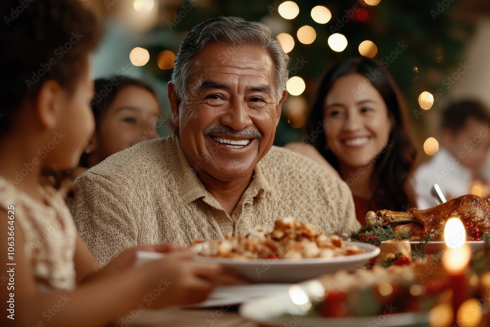 A cheerful grandfather surrounded by family enjoys a hearty pasta meal, epitomizing familial bonds, laughter, and joy in a warm, festive dining setting. A cheerful grandfather surrounded by family enjoys a hearty pasta meal, epitomizing familial bonds, laughter, and joy in a warm, festive dining setting.