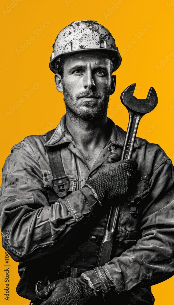 Obraz premium Committed Machine Operator in Safety Gear Holding Wrench Against Yellow Background