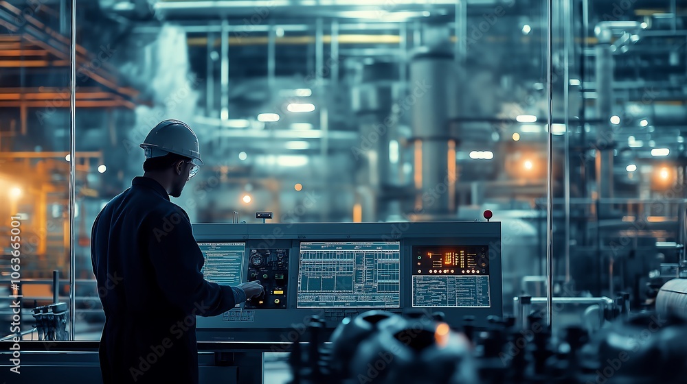 Worker monitoring control panel, overseeing fuel processing operations. Worker monitoring control panel, overseeing fuel processing operations.