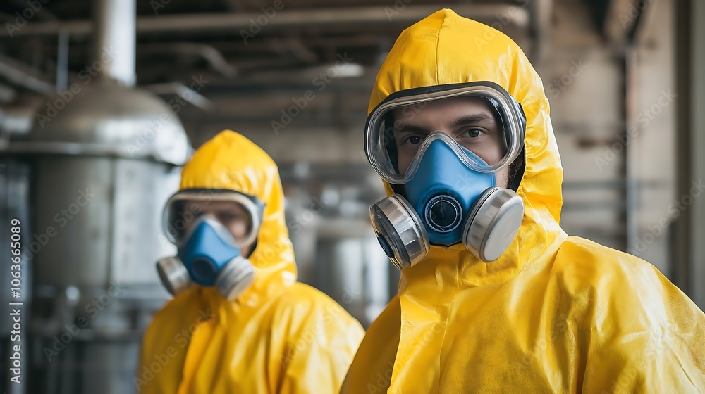 Naklejka premium Workers wearing protective gear as they operate machines in a chemical plant, chemical production process, industrial safety.