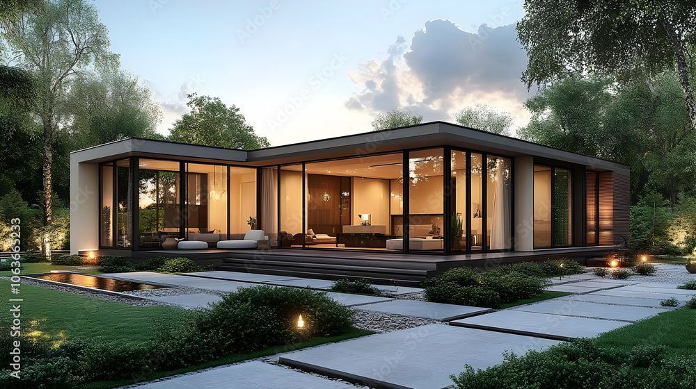 Obraz premium Modern Home Design with Large Windows and Patio 3d Illustration