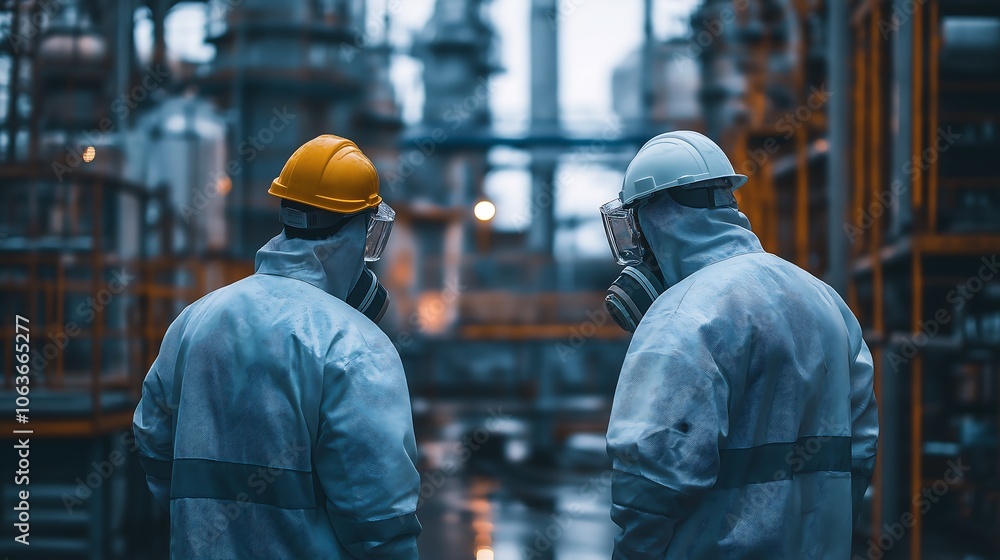Workers wearing protective gear as they operate machines in a chemical plant, chemical production process, industrial safety. Workers wearing protective gear as they operate machines in a chemical plant, chemical production process, industrial safety.