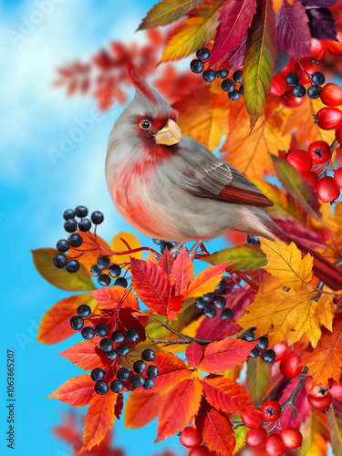 Autumn bright colorful background, red cardinal bird sitting on branches of yellow leaves, bunches of ripe berries, blue sky, beautiful foliage