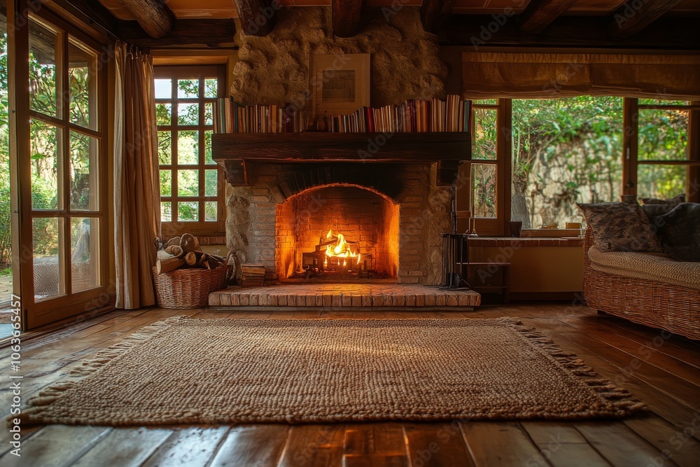 Cozy Living Room with Fireplace and Wooden Floor Cozy Living Room with Fireplace and Wooden Floor
