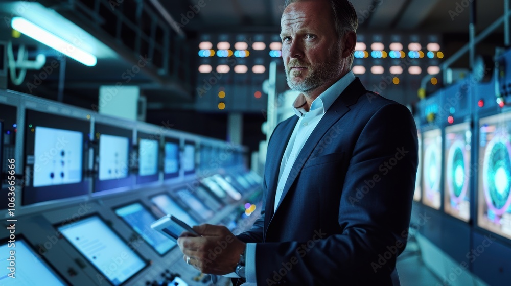 Industrial Plant Manager Analyzing Data in High-Tech Control Room for Operational Efficiency Industrial Plant Manager Analyzing Data in High-Tech Control Room for Operational Efficiency