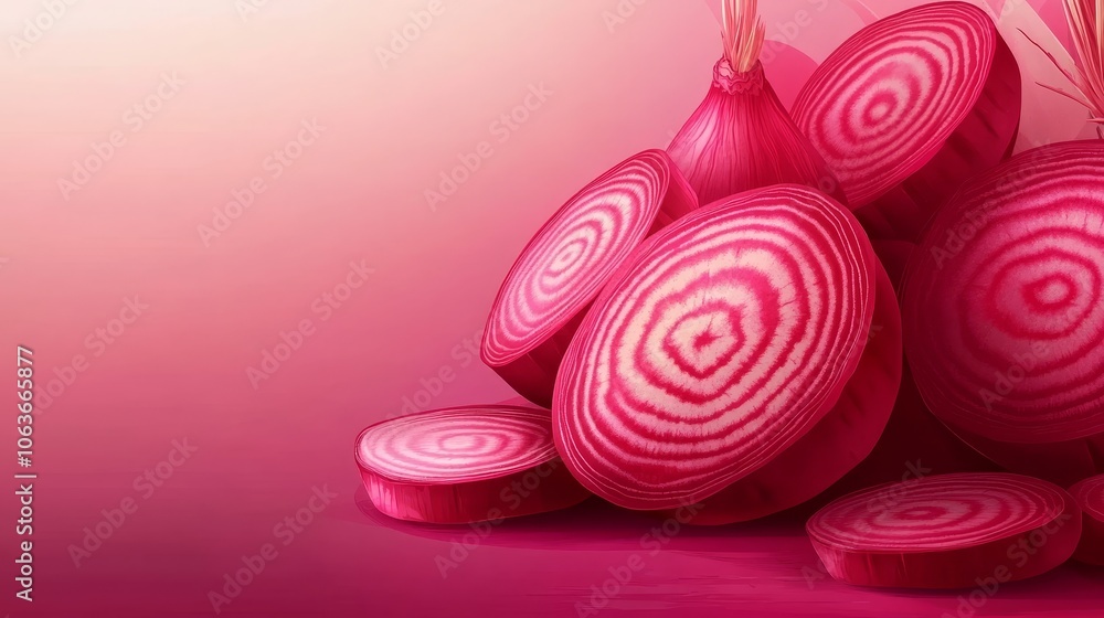 A vibrant illustration of sliced red onions with a gradient background. A vibrant illustration of sliced red onions with a gradient background.