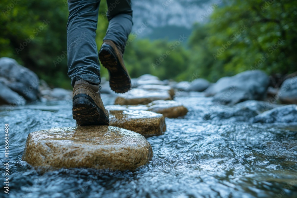 Hiking Boots Walking Across Stepping Stones in a River Hiking Boots Walking Across Stepping Stones in a River