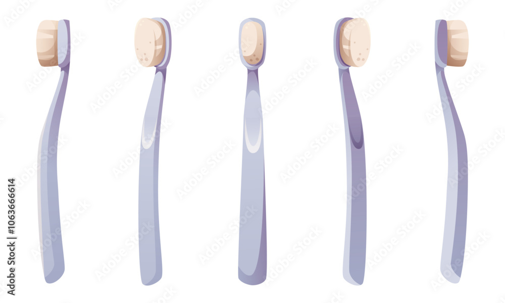 Vector illustration of a set of toothbrushes for cleaning teeth in different positions. Tools for cleaning teeth. Manual equipment for dental hygiene. Dental care, oral hygiene. Vector illustration of a set of toothbrushes for cleaning teeth in different positions. Tools for cleaning teeth. Manual equipment for dental hygiene. Dental care, oral hygiene.