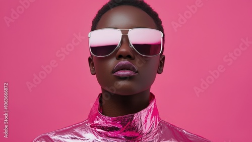 A stylish model poses confidently in a pink background, wearing reflective sunglasses and a shiny pink jacket, exuding modern fashion and boldness. photo