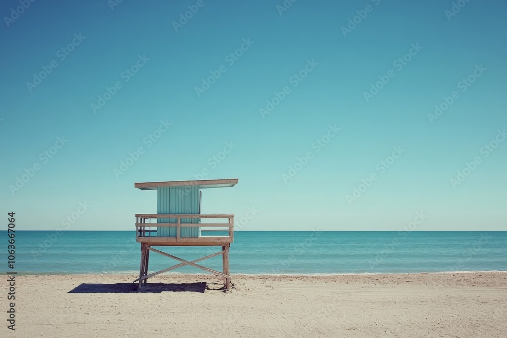 Minimalist Beach Lifeguard Stand on Sandy Beach with Turquoise Ocean and Blue Sky Minimalist Beach Lifeguard Stand on Sandy Beach with Turquoise Ocean and Blue Sky
