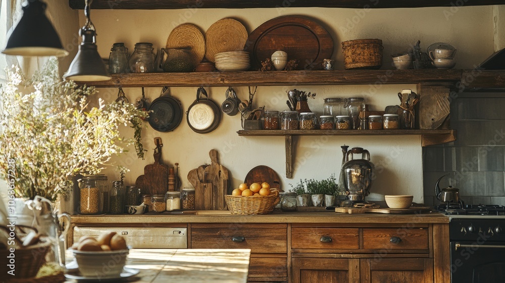 Rustic kitchen with wood shelves, cabinets, and a stove.