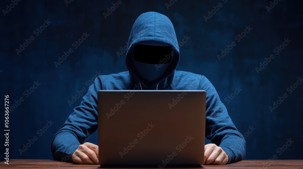 Mysterious Hacker Working on Laptop in Dim Light Mysterious Hacker Working on Laptop in Dim Light
