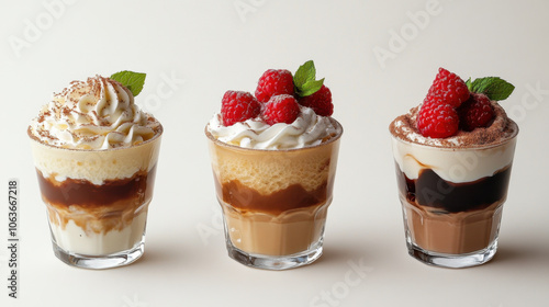 Delight in three delicious dessert cups featuring creamy layers, topped with whipped cream and fresh raspberries. Each cup offers unique flavor experience, perfect for any sweet tooth