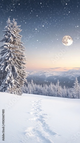 Enchanted winter night with full moon snowy landscape