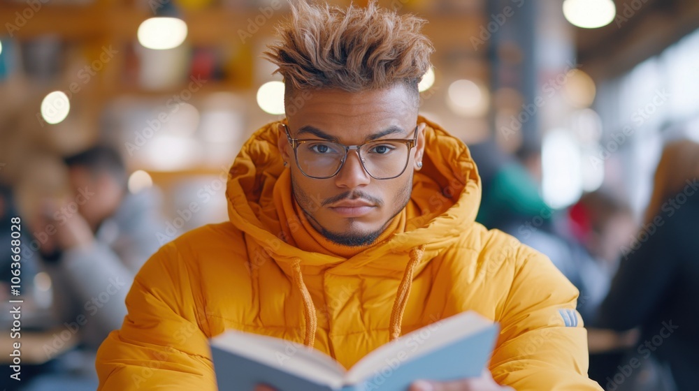 Young Man Reading book in Cozy Cafe. Concentration and Style. Generative ai Young Man Reading book in Cozy Cafe. Concentration and Style. Generative ai