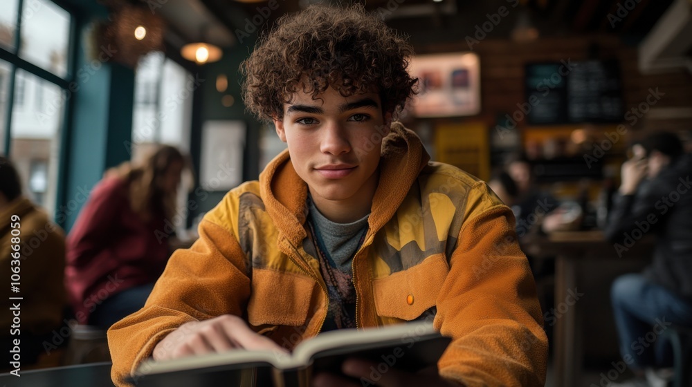 Multiracial Teen Reading in Cozy Cafe with Warm Lighting for Education Concept. Generative ai Multiracial Teen Reading in Cozy Cafe with Warm Lighting for Education Concept. Generative ai
