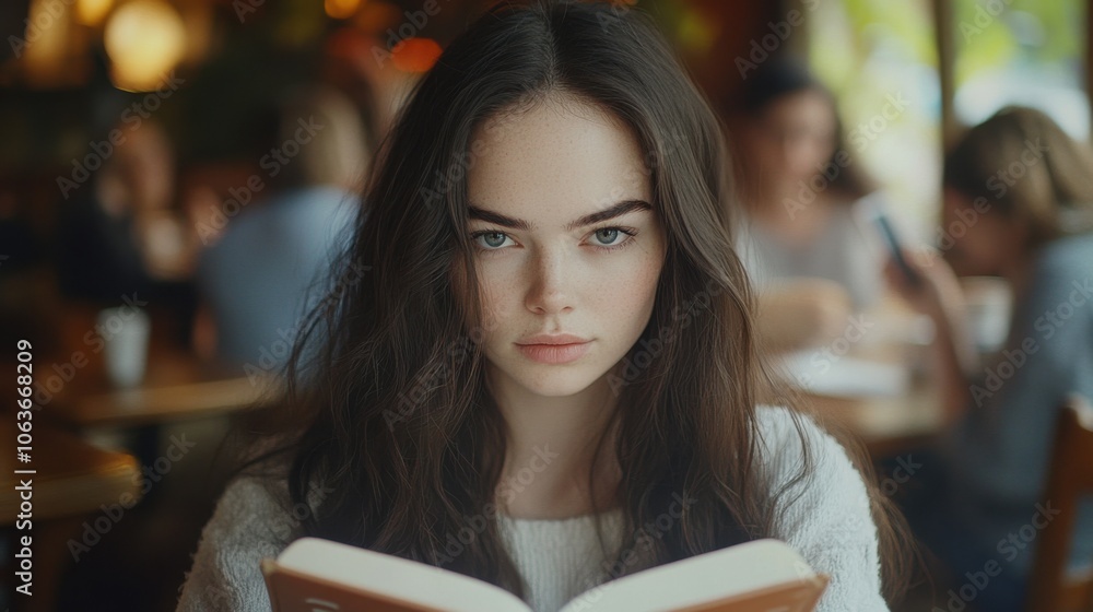 Young Woman Reading in a Cozy Cafe Setting with Ambient Lighting. Generative ai Young Woman Reading in a Cozy Cafe Setting with Ambient Lighting. Generative ai