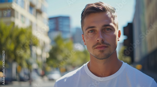 confident young man stands outdoors, surrounded by urban scenery, showcasing relaxed yet focused expression. bright sunlight highlights his features, creating vibrant atmosphere